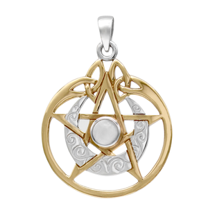 Sterling Silver Vermeil Crescent Moon Pentacle Pendant with Circle and White Moonstone Sterling Silver Vermeil Crescent Moon Pentacle Pendant with Circle and White Moonstone