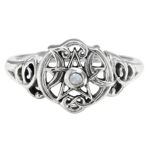 Sterling Silver Heart Pentacle Ring with Rainbow Moonstone Sterling Silver Heart Pentacle Ring with Rainbow Moonstone