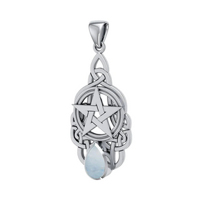 Sterling Silver Triquetra Pentacle Knot Pendant with Rainbow Moonstone Sterling Silver Triquetra Pentacle Knot Pendant with Rainbow Moonstone