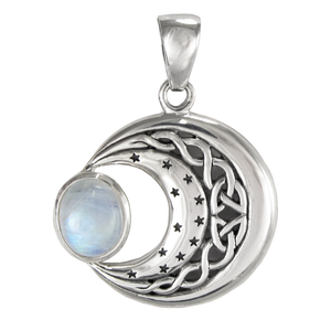 Sterling Silver Celtic Knot Moon and Stars Rainbow Moonstone Pendant Sterling Silver Celtic Knot Moon and Stars Rainbow Moonstone Pendant