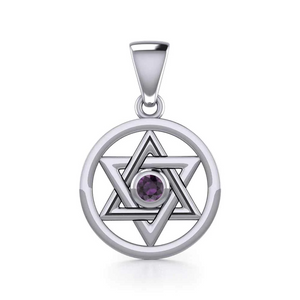 Sterling Silver Star of David Pendant with Natural Amethyst