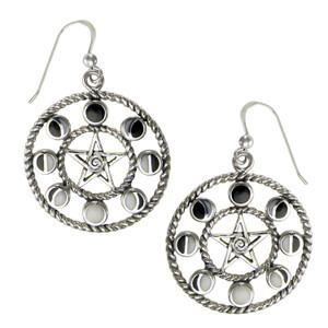 Large Sterling Silver Pentacle Moon Phase Dangle Earrings Large Sterling Silver Pentacle Moon Phase Dangle Earrings