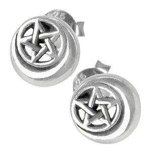 Sterling Silver Crescent Moon Pentacle Earring Studs Sterling Silver Crescent Moon Pentacle Earring Studs