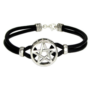 Sterling Silver Pentacle Bracelet with Genuine Leather Strap Sterling Silver Pentacle Bracelet with Genuine Leather Strap