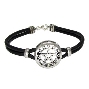 Sterling Silver Moon Phases Pentacle Bracelet with Genuine Leather Strap Sterling Silver Moon Phases Pentacle Bracelet with Genuine Leather Strap
