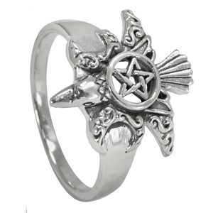 Sterling Silver Moon Phase Raven Pentacle Ring