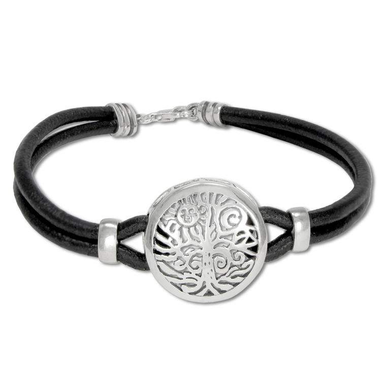 Sterling Silver Yggdrasil Tree of Life Bracelet with Genuine Leather Strap