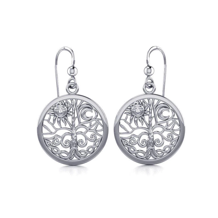 Sterling Silver Sun and Moon Tree of Life Filigree Earrings