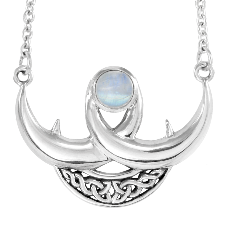 Sterling Silver Celtic Knot Crescent Moon Necklace with Rainbow Moonstone