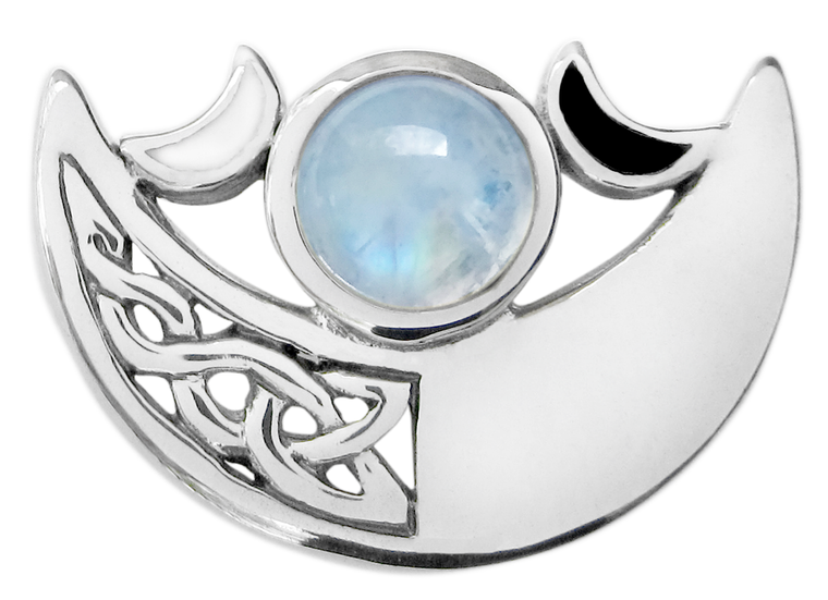 Silver Celtic Knot Crescent Moon Rainbow Moonstone Pendant