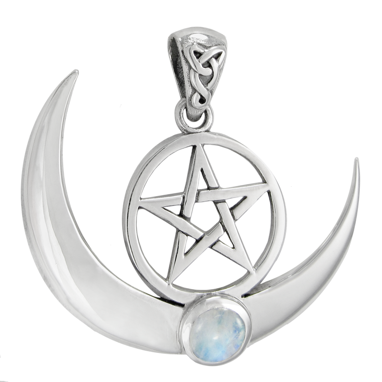 Large Sterling Silver Crescent Moon Pentacle with Rainbow Moonstone
