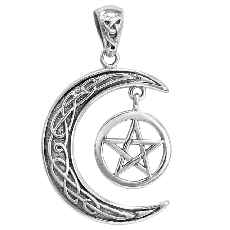Sterling Silver Celtic Knotwork Crescent Moon Pentagram Pendant