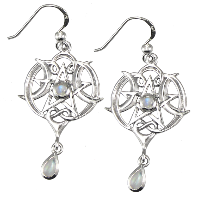 Sterling Silver Heart Pentacle Earrings with Rainbow Moonstone