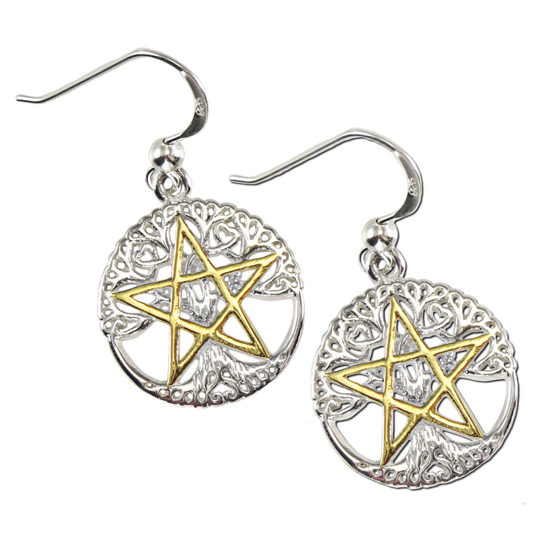 Sterling Silver Vermeil Cut Tree Pentacle Pentagram Earrings Wiccan Jewelry