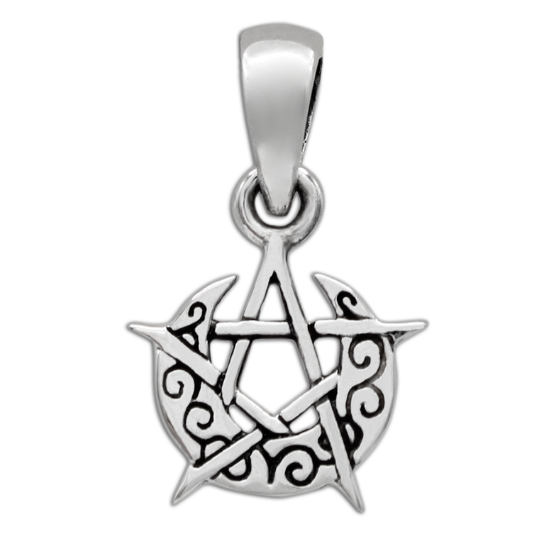 Sterling Silver Tiny Crescent Moon Pentacle Pendant
