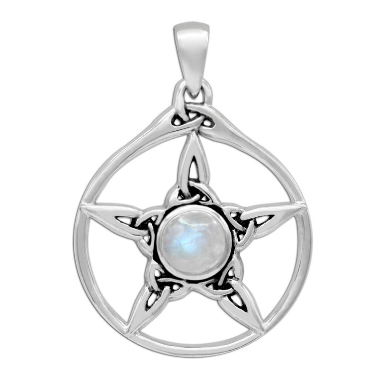 Sterling Silver Triquetra Pentacle Pendant with Rainbow Moonstone