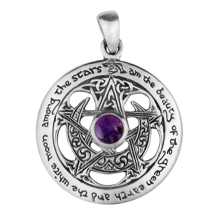 Sterling Silver Large Cut Out Moon Pentacle Pendant with Amethyst