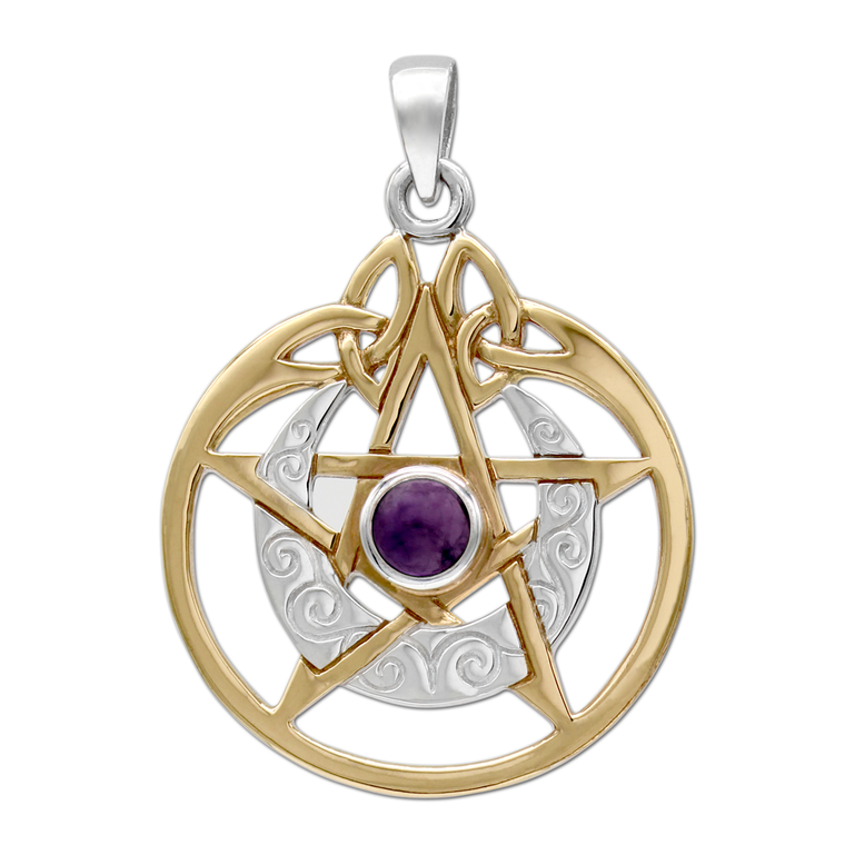Sterling Silver Vermeil Crescent Moon Pentacle Pendant with Circle and Amethyst