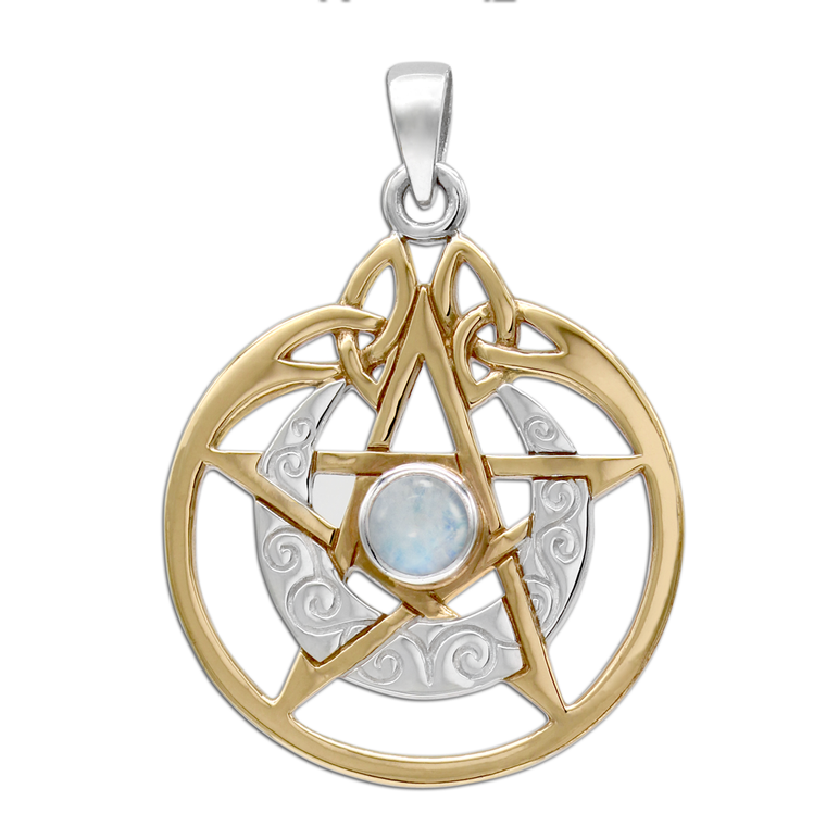 Sterling Silver Vermeil Crescent Moon Pentacle Pendant with Circle and Rainbow Moonstone