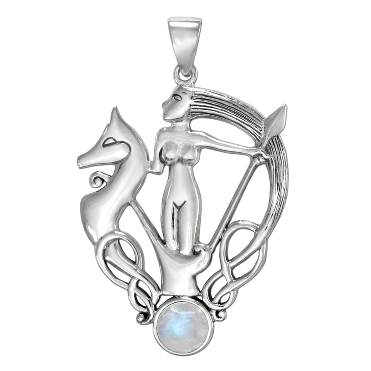 Sterling Silver Morrigan Goddess Pendant with Rainbow Moonstone