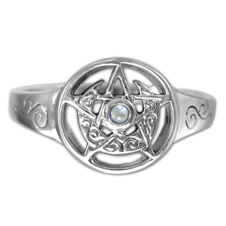 Sterling Silver Crescent Moon Pentacle Ring with Rainbow Moonstone