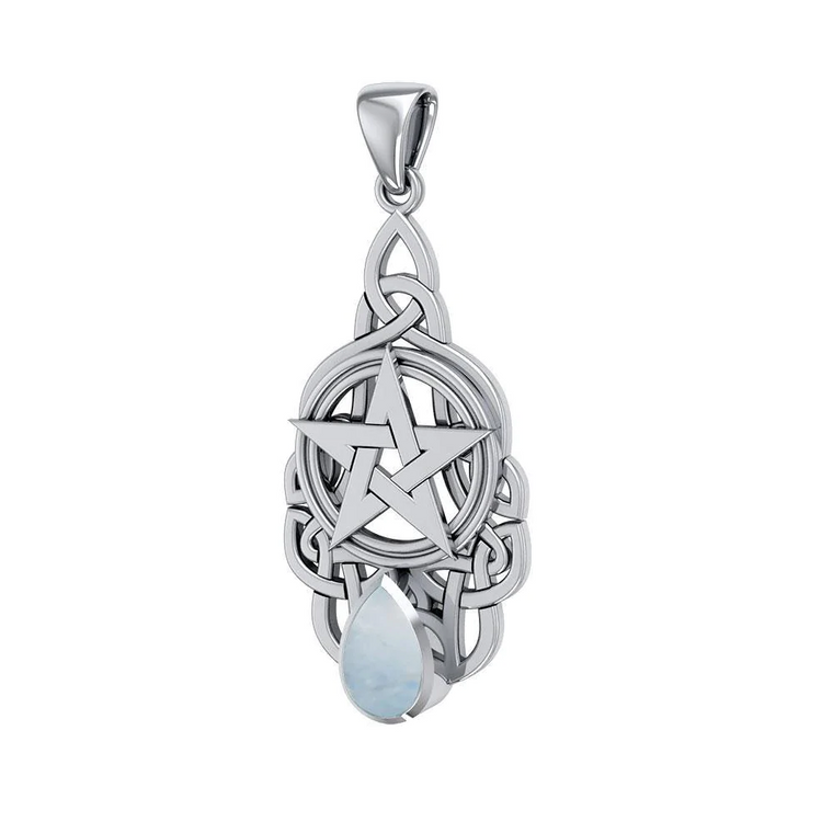 Sterling Silver Triquetra Pentacle Knot Pendant with Rainbow Moonstone