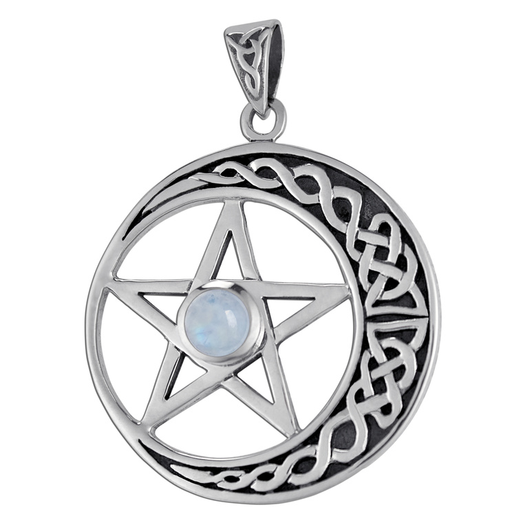 Large Sterling Silver Moon Pentacle Pendant with Rainbow Moonstone
