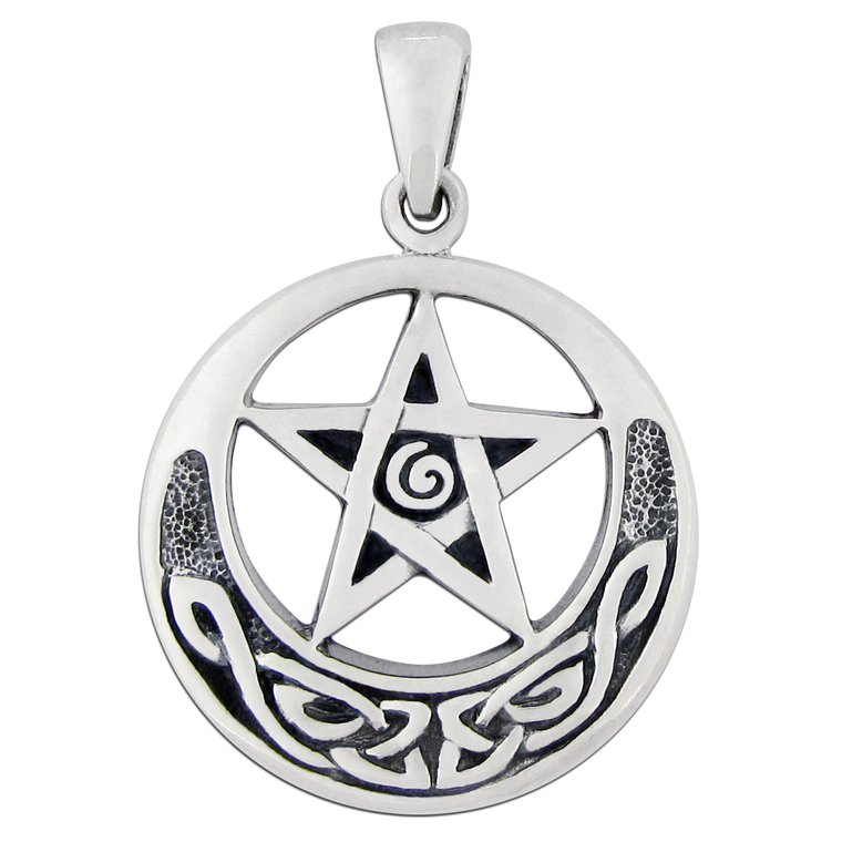 Sterling Silver Celtic Knot Crescent Moon Pentagram Pendant