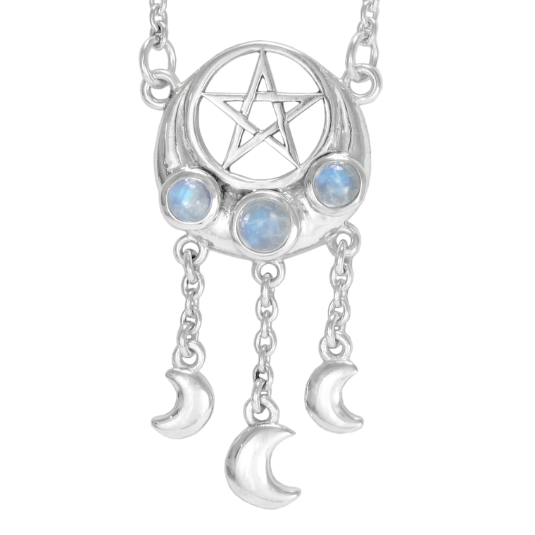 Sterling Silver Crescent Moon Pentacle Necklace Rainbow Moonstone