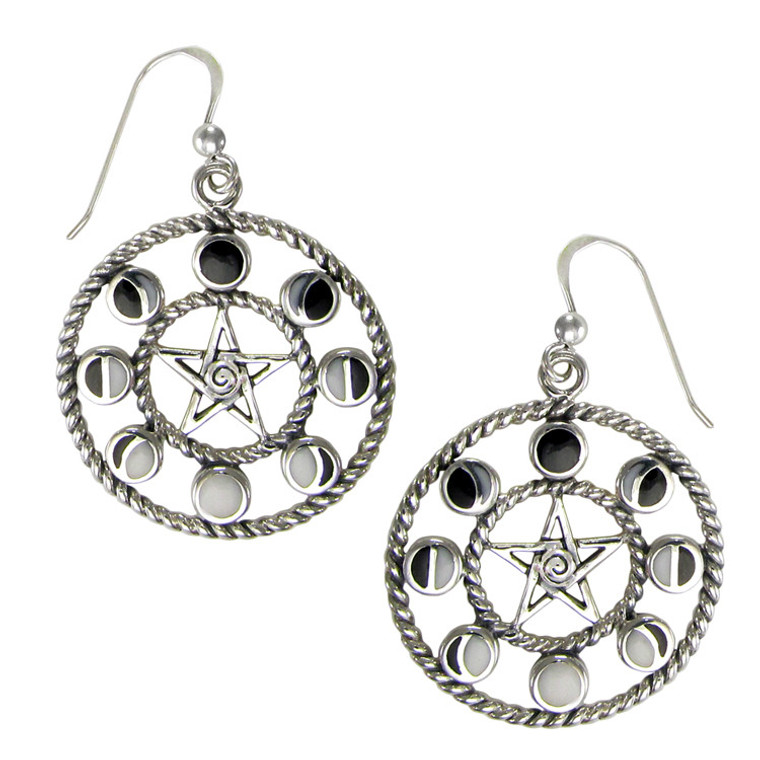 Large Sterling Silver Pentacle Moon Phase Dangle Earrings