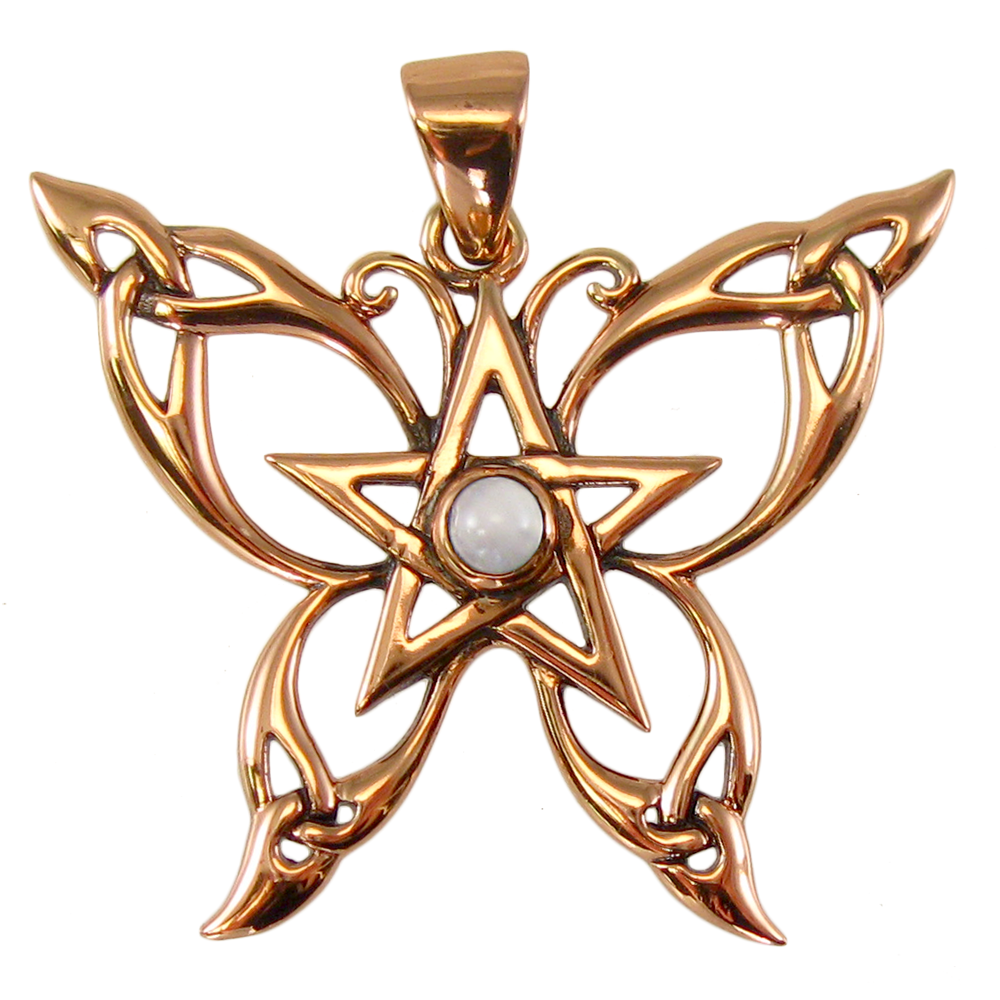 Copper Butterfly Pentacle Pentagram Pendant with White Moonstone Wiccan