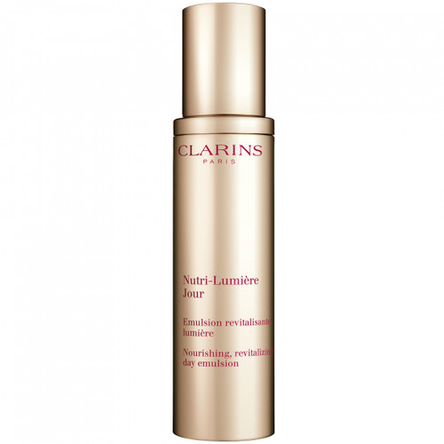 Clarins Pro-Aging Nutrition Innovation. Clarins Laboratories has developed a pair of potent active ingredients that put the radiance back into your skin. The organic flower extract and ecsin (active molecule in the fruit) from the horse chestnut tree are known to affect the micronutrient network. A product of Clarins Laboratories expertise, this invigorating duo maximises the penetration of nutrients in the skin. Your skin is better nourished and its radiance is restored. Nutri-Lumière Day Emulsion is lightweight and non-greasy, the ideal emulsion-in-oil for revitalising, nourishing and restoring radiance to undernourished skin. Suitable for all skin types.