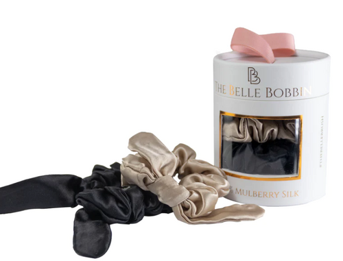 The Belle Bobbin - 2 x 100% Mulberry Silk Scrunchies - Black & Champagne