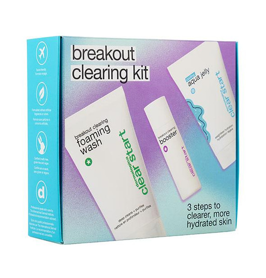 A set of three skincare products for breakout prone skin.

Introducing your new three-step routine to clearer skin. The Dermalogica Clear Start Breakout Clearing Kit features three best-selling favourites, including everything you need to cleanse, treat breakouts, and hydrate skin. Formulated with powerful yet gentle ingredients like salicylic acid, tea tree oil, niacinamide, and hyaluronic acid, your skin will thank you in no time. Inside you’ll find a foaming face wash, a spot treatment and a cooling moisturising jelly. With travel-friendly sizes, so you can get that glow whether you’re at home or on-the-go, your breakouts don’t stand a chance.

Set Includes:

Breakout Clearing Foaming Wash 75ml – A foaming face wash for breakout prone skin, that deeply cleans and purifies to help clear pores for a spot-free finish
Breakout Clearing Booster 10ml – A targeted blemish treatment that works to combat bacteria, for clearer, soothed and even skin
Cooling Aqua Jelly 25ml – A dewy, cooling, jelly-based moisturiser perfect for oily skin, that leaves the skin feeling fresh and lightly hydrated