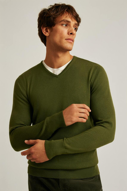 Washable Merino V-Neck Sweater 3394-olive