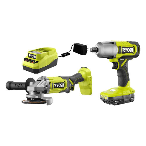 ONE+ 18V Cordless 2-Tool Combo Kit with 1/2 in. Impact Wrench, Right Angle Grinder, 2.0 Ah Battery, and Charger 327423067