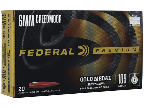 Federal Premium Gold Medal 6mm Creedmoor Ammo 109 Grain Berger Hybrid Target Jacketed Hollow Point Box of 20 310925