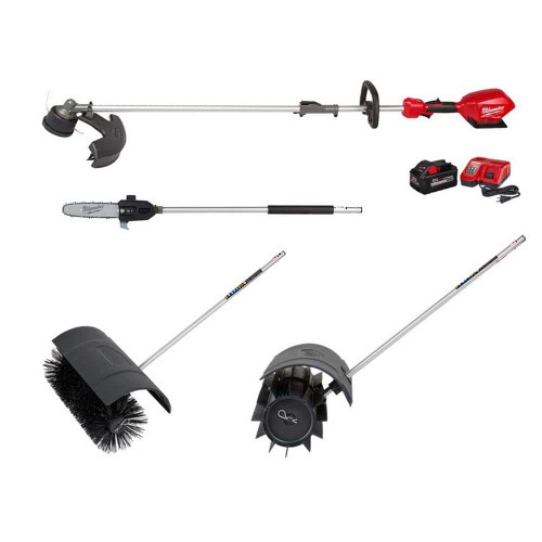 M18 FUEL 18V Lithium-Ion Brushless Cordless String Trimmer 8Ah Kit with Rubber Broom, Bristle Brush Pole Saw Attachments 322137453