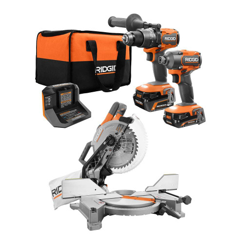 18V Brushless Cordless 2-Tool Combo Kit with (2) Batteries, Charger, Bag, and 15 Amp 10 in. Dual Bevel Miter Saw 318838822