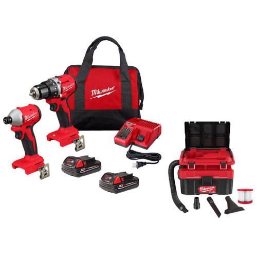 M18 18V Lithium-Ion Brushless Cordless Compact Drill/Impact Combo Kit w/M18 FUEL PACKOUT 2.5 Gal Wet/Dry Vacuum 329203032