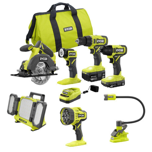 ONE+ 18V Cordless 4-Tool Combo Kit with 1.5 Ah Battery, 4.0 Ah Battery, Charger, and 3-Tool Lighting Kit 329673174