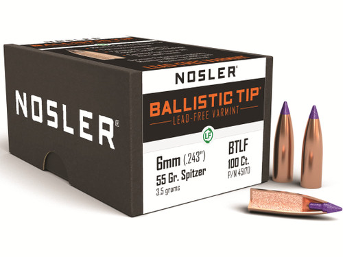 Nosler Ballistic Tip Varmint Bullets 243 Caliber, 6mm (243 Diameter) 55 Grain Spitzer Flat Base Lead-Free Box of 100 997452