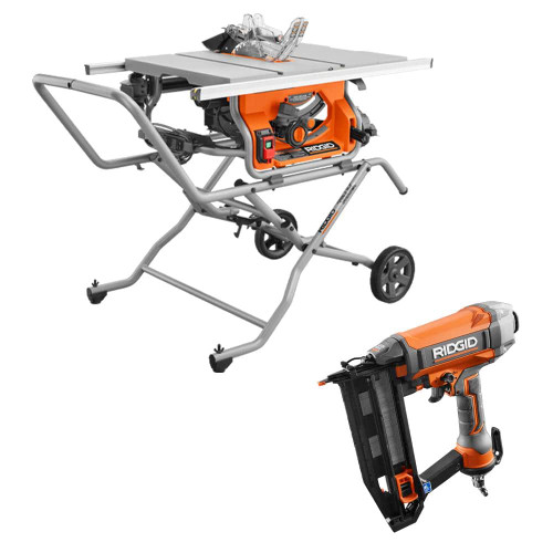 15 Amp 10 in. Portable Pro Jobsite Table Saw with Rolling Stand and Pneumatic 16-Gauge 2-1/2 in. Straight Finish Nailer 313307634