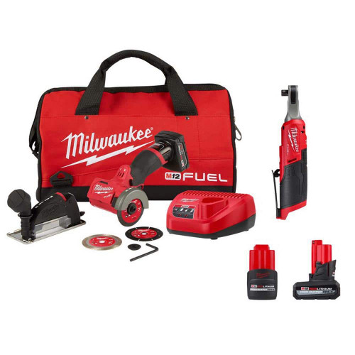 M12 FUEL 12V 3 in. Lithium-Ion Brushless Cordless Cut Off Saw Kit & 3/8 in. Ratchet w/5.0 Ah & 2.5 Ah Batteries 324616748
