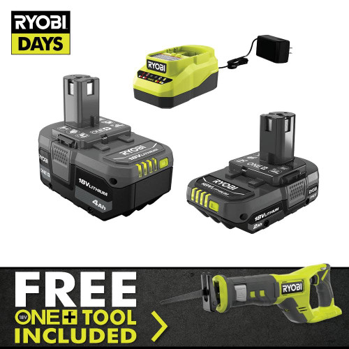 ONE+ 18V Lithium-Ion 4.0 Ah Battery, 2.0 Ah Battery, and Charger Kit with FREE ONE+ Cordless Reciprocating Saw 329127958