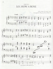 Image: The first page of Daniel Burton's arrangement of "Lo, How a Rose" for solo harp. The music is in 3/2 time with 6 flats, and consists mostly of chords, with one large arpeggio.