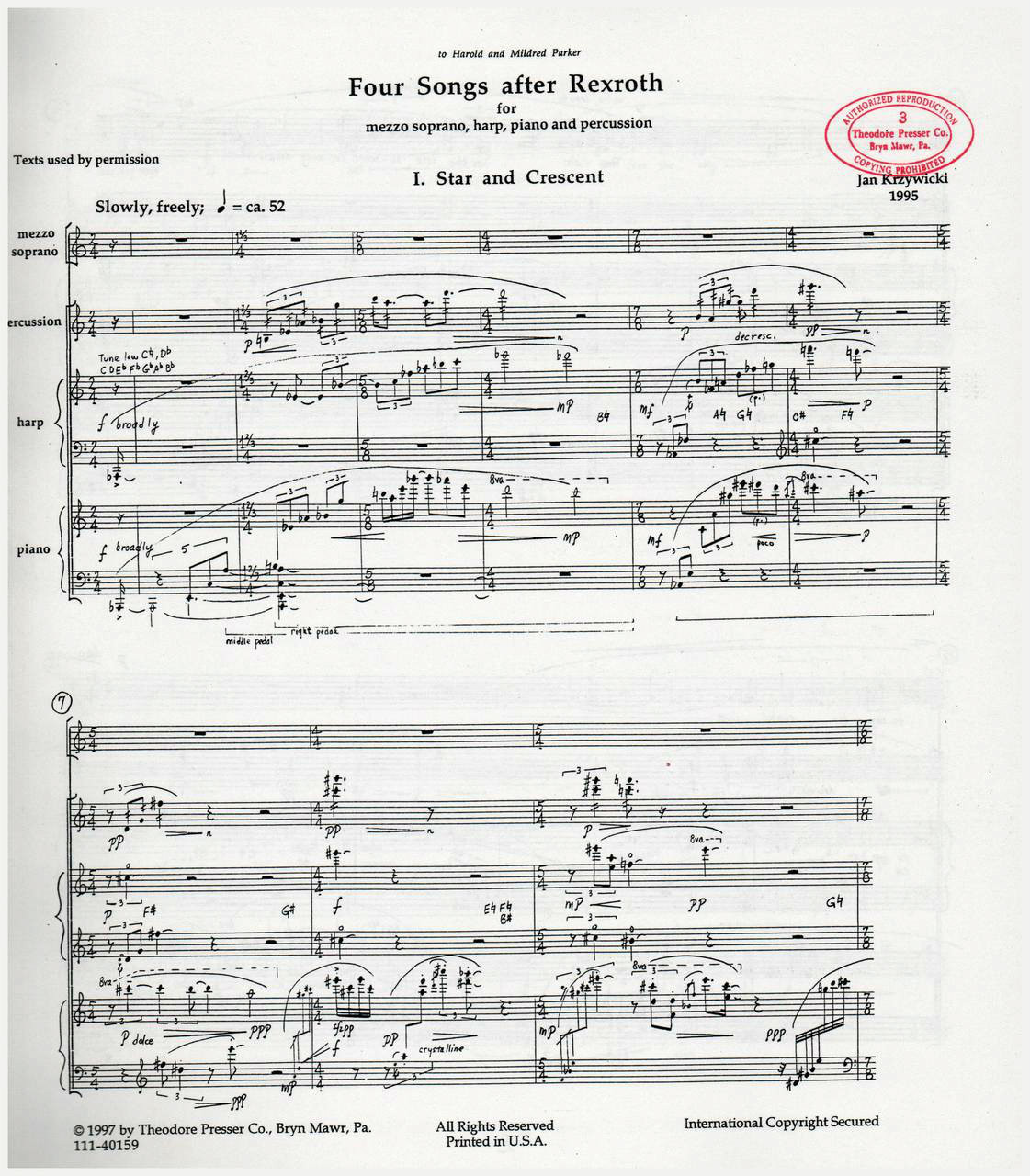 Krzywicki: Four Songs After Rexroth for Mezzo-Soprano, Harp, Piano