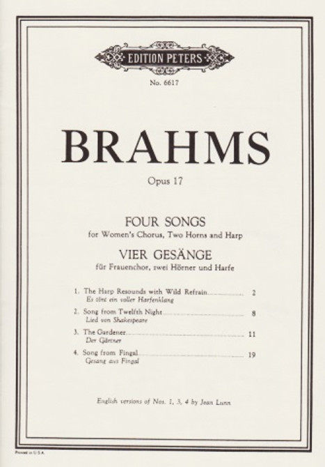 ブラームス：２つのホルンとハープの伴奏つき女性合唱曲op.17、ほか〜スコア Brahms: Four Songs for Women's Chorus, Two Horns and Harp
