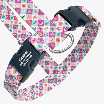 closeup view of harness with personalized buckle