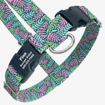 closeup view of harness with personalized buckle